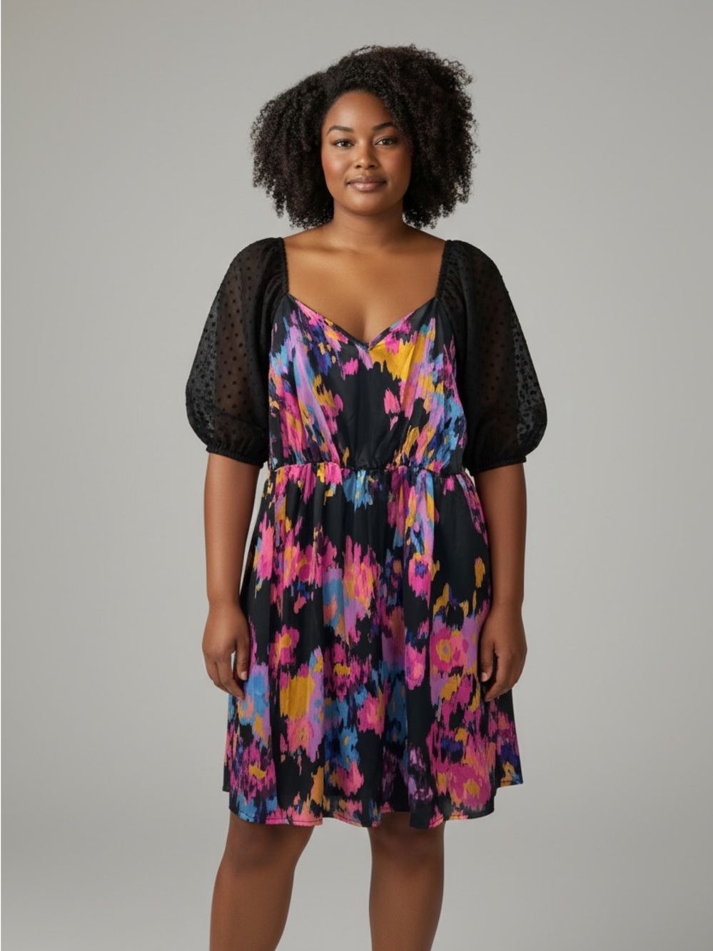 Source Unknown Black Floral-Print V-Neck Puff-Sleeve Dress